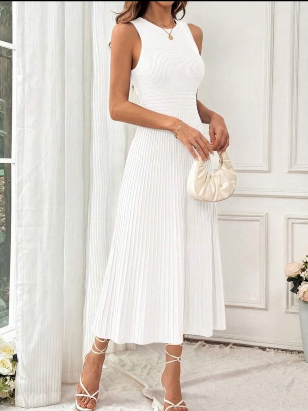 Sleeveless Pleated Midi Dress in White